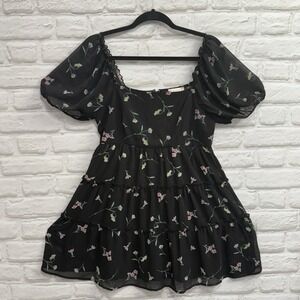 Altar'd State Babydoll Milkmaid Mini Dress Woman's M Puff Sleeves Organza Floral